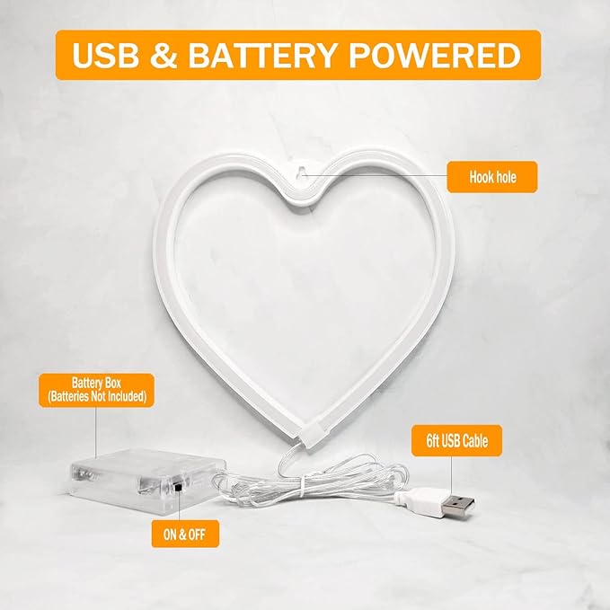 LED Light Neon Sign Room Decor - Yellow Night Light for Valentines Day - Hanging USB/Battery Operated Heart Lights for Window (Warm White)