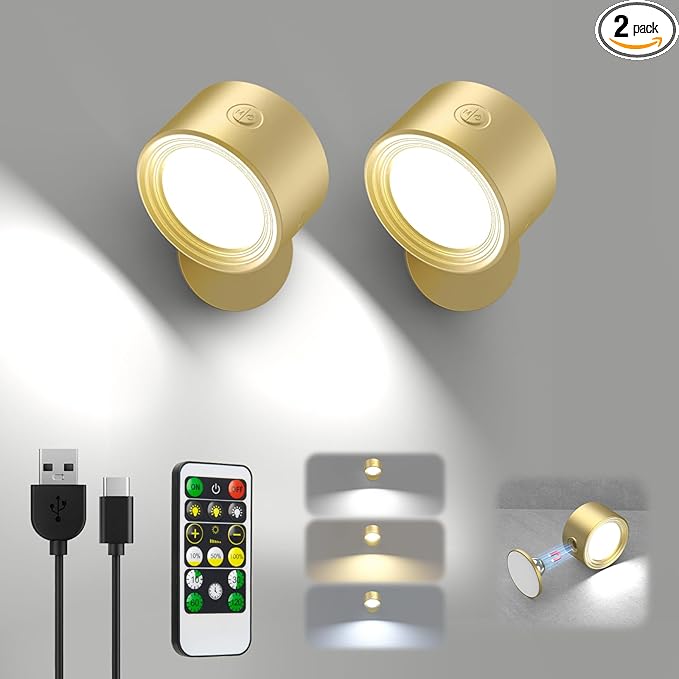 LED Wall Lights with Remote, 2 Pcs Rechargeable Wall Mounted Reading Sconces Lamp 3000mAh, 3 Colors & Dimmable Magnetic 360° Rotation Cordless Wall Lighting Spotlights for Bedroom Bedside Hallway