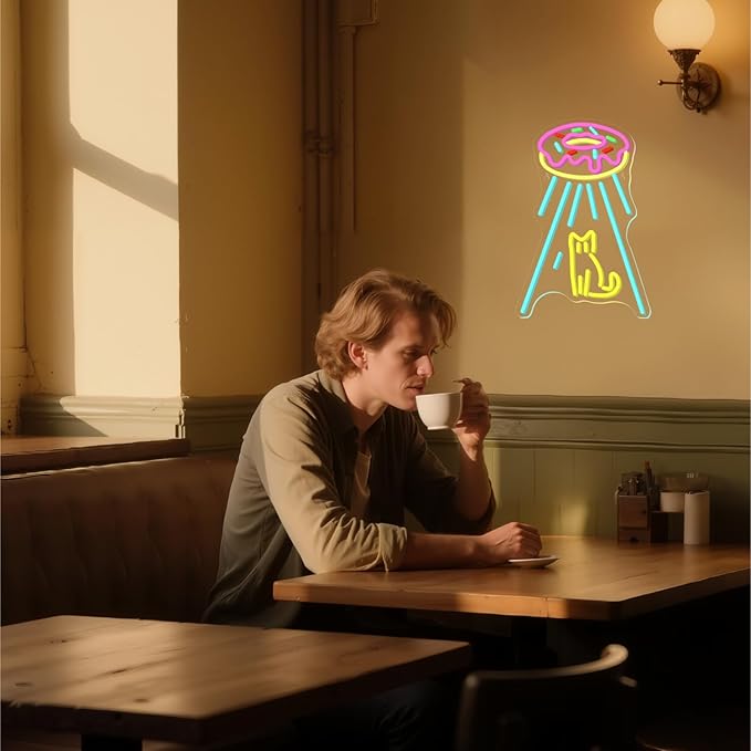 Donut UFO Cat Neon Sign, Dimmable, USB Powered, 5V/2A, 16.5"x10.6" Neon Light for Wall Decor, Donut Shop, Cat Lover, Donut Lover, Kids, Classroom, Bedroom, Cafe, UFO Fans