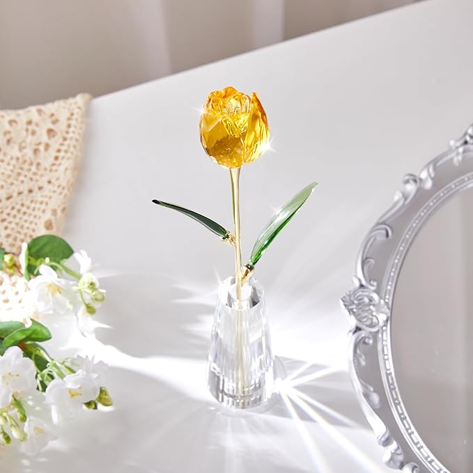 Crystal Tulip Flowers Figurine Collectible- Glass Flowers with Vase,Glass Flower Bouquet Paperweight,Gift for Anniversary Wedding Centerpiece Ornament(Yellow)