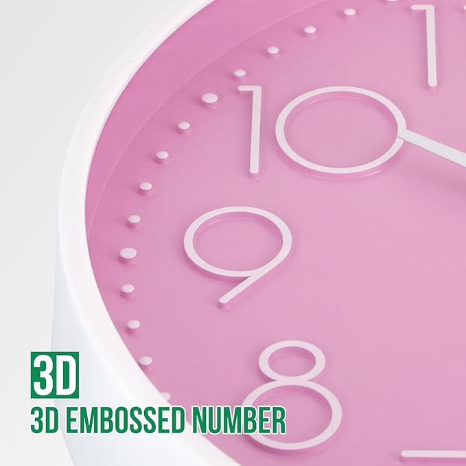 Wall Clock Non-Ticking Silent Modern Simple Style Round Decor Clock Stereoscopic Dial Quartz Wall Clocks for Home/Office/School/Living Room/Bedroom/Kitchen (Pink, 8inch)