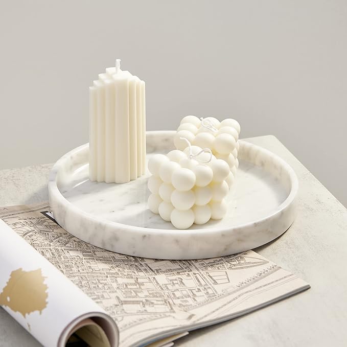 ๐๐ฎ๐ฑ๐ฎ๐ซ๐ฒ ๐๐ญ๐๐ฅ๐ข๐๐ง 100% Marble Round Vanity Tray 10โโ, Minimalist Modern Decor & Serving Trays for Bathroom, Kitchen, Nightstand, Jewelry Ring Dish Holder, Table Accents Decor, White