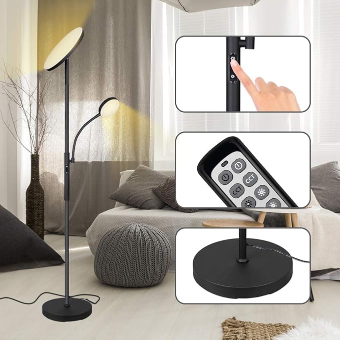 Dimunt Floor Lamp LED Floor Lamps for Living Room Bright Lighting, 27W/2000LM Main Light and 7W/350LM Side Reading Lamp, Adjustable 3 Colors Tall Lamp with Remote & Touch Control