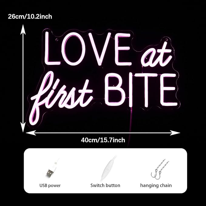 Love At First Bite Neon Sign Led Pink Words Neon Light Sign Wall Art Neon Light For Wedding Light Up Sign For bedroom Bar Pub Party 15.7"X10.2")