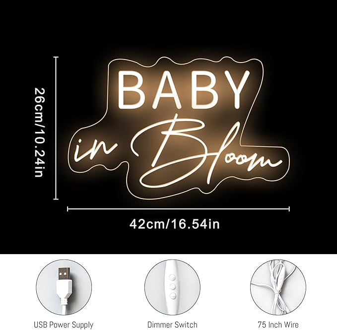Baby In Bloom Neon Sign Baby shower Welcome Neon Light Warm White LED Light up Signs for Bedroom Boys Girls Room Club Bar Shower Backdrop Party Decorations