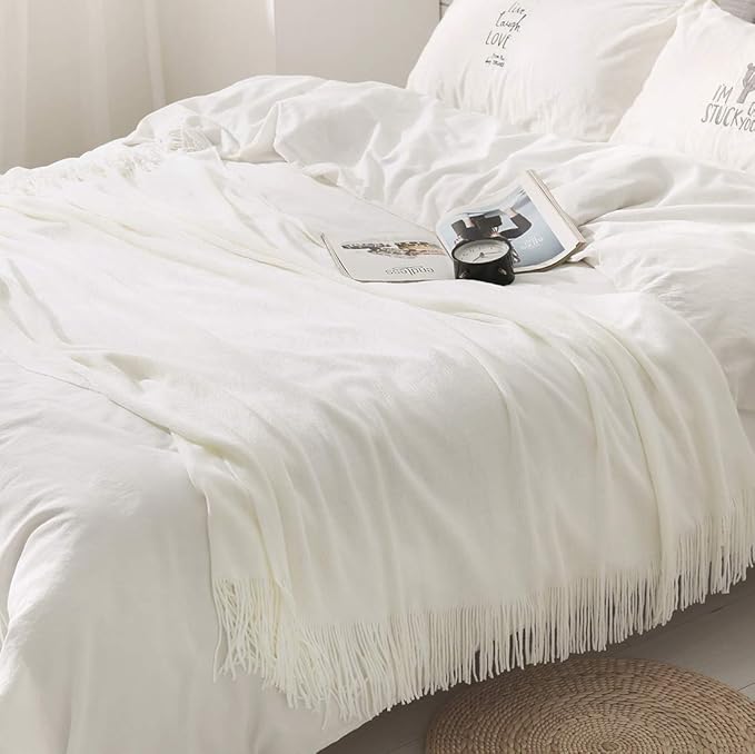 Homiest Decorative Knitted Throw Blanket with Fringe Soft & Cozy Tassel Blanket for Couch Sofa Bed- 50 x 60 (50" x 60", Ivory)