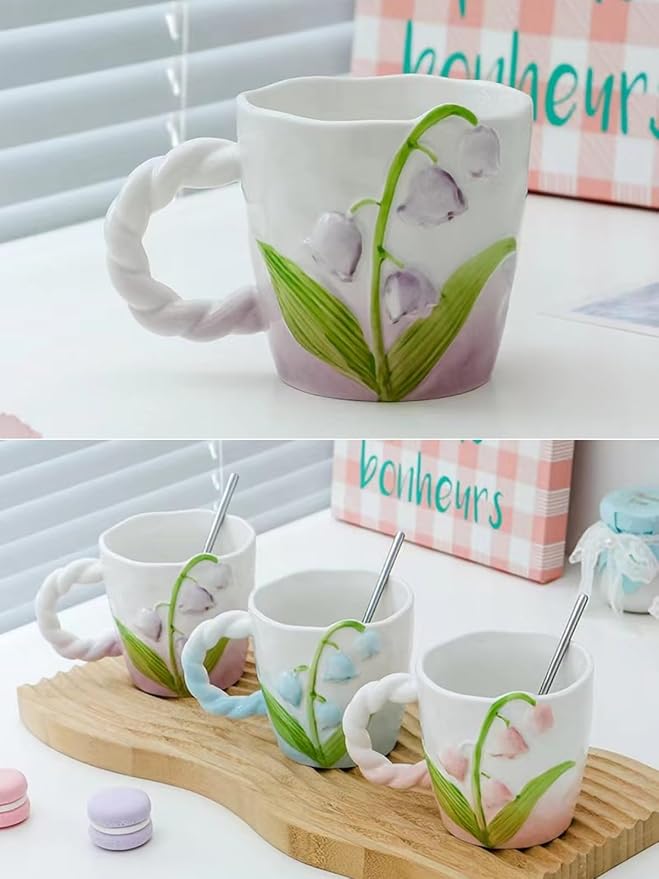 2024 Ceramic Coffe Mug with Handle, 12.85oz Cute Spring Flower Floral Handmade Figurine Mugs, Holiday and Birthday Gift for Coffee Milk Tea Lovers,Cups,Large Capacity (Purple)