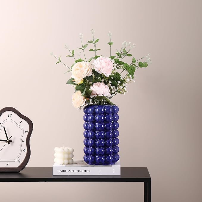 Bubble Vase, Blue Ceramic Vase, Short Vase, Ceramic Flower Vase, Modern Vase, Decorative Vase for Decor, Tall Bubble Vase for Living Room, Wedding, Entryway, Mantel, Office, 8.5 Inches