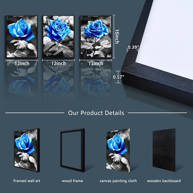 TTHYUEWS Black Framed Wall Art Prints For Living Room Family Wall Decor For Kitchen Black And White Pictures Artwork Blue Rose Flowers Wall Paintings Modern Office Bedroom Room Home Decor 3 Pieces
