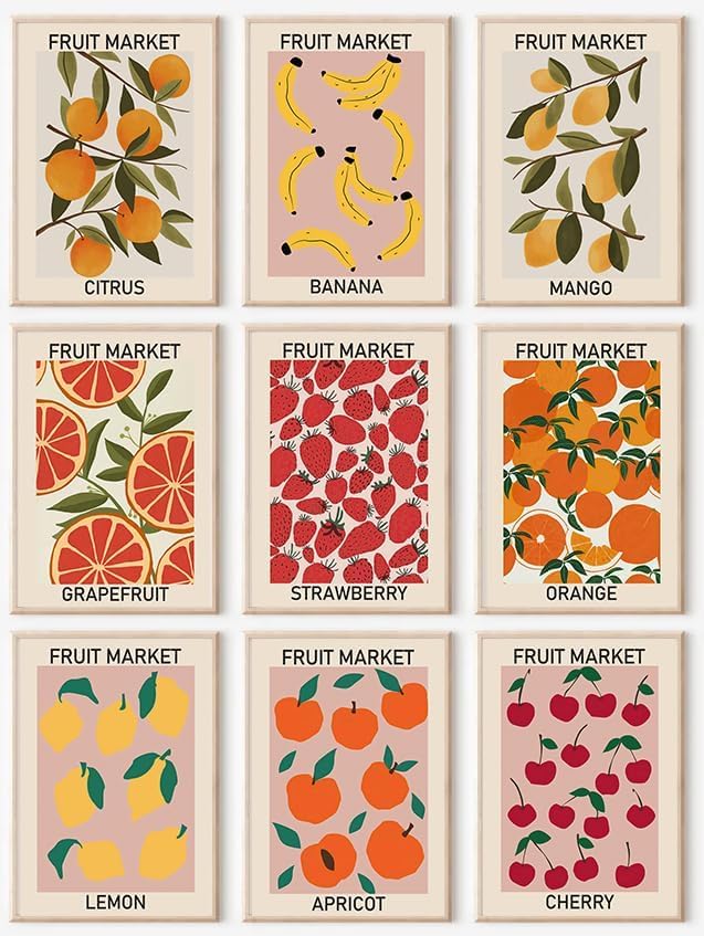KBKBART Fruit Market Wall Art Print Set of 9, Abstract Colorful Posters, Prints Lemon Orange Banana Strawberry Mango Grapefruit Kitchen Gallery Decor, Canvas Paintings for Dining Room,