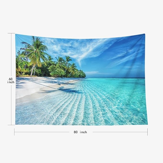 EMMTEEY Beach Tapestry Wall Decor Big 80X60 Inch-Summer Calm Sea Waves with Palm Trees Durable Hanging Tapestry for Living Room
