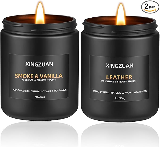 2PCS 10% Essence Smoky Vanilla Candle Set | Leather Scented Candle | Men's Room Decor | Black Soy Candle with Wood Wick | Long Lasting 45 Hour Time | Ideal for Man Cave, Bedroom, or Officec