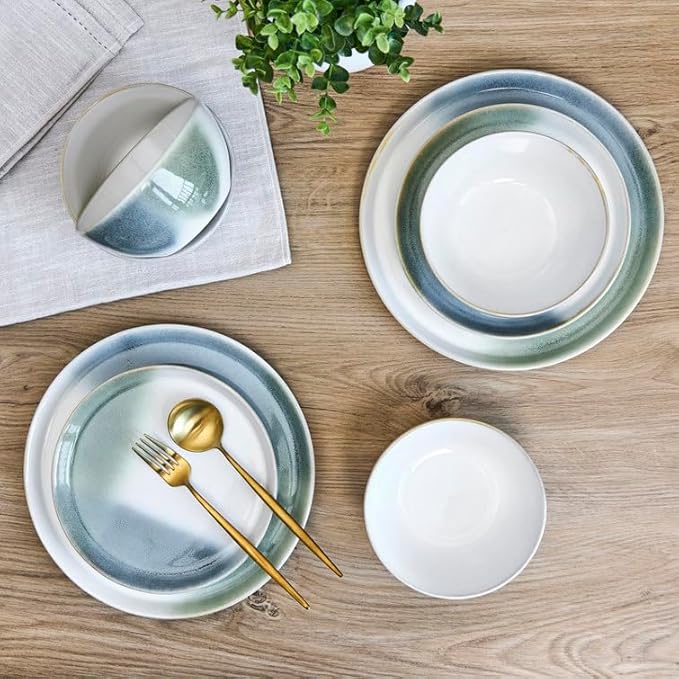 Sango 12-Piece Stoneware Dinnerware Set Color Block Reactive – Service for 4, Dinner Plates, Salad Plates & Cereal Bowls, Durable Stoneware, Dishwasher Safe, for Everyday Dining & Entertainment