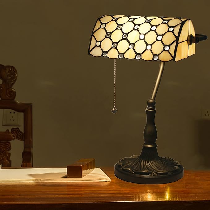 Tiffany Style Bankers Table Lamp Stained Glass Piano Desk Lamp Vintage Bedroom Bedside Lamp for Study,Antique Alloy Base,Zipper Switch,Beige