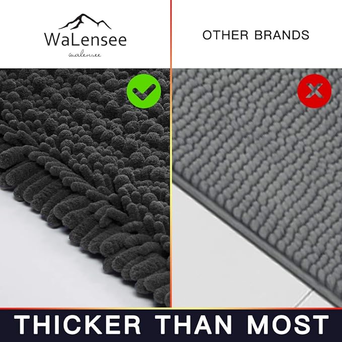 Walensee Bathroom Rug Non Slip Bath Mat (44x24 Inch Dark Grey) Water Absorbent Super Soft Shaggy Chenille Machine Washable Dry Extra Thick Perfect Absorbant Best Large Plush Carpet for Shower Floor