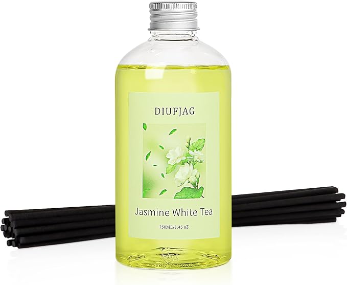 Jasmine White Tea Diffuser with 20 Black Fiber Sticks, 200ml for Diffusers for Home Essentials Bathroom,Last up to 60 Days