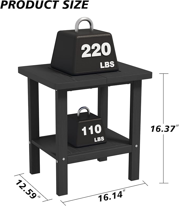 2-Tier Adirondack Square Outdoor Side Table, Pool Composite Patio Table, Weather Resistant End Table for Patio, Backyard, Pool, Easy Maintenance - Black