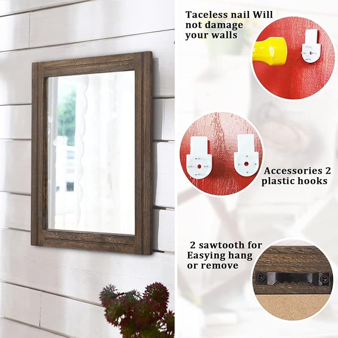 AAZZKANG Rustic Wood Mirror Rectangle Decorative Wall Hanging Mirrors with Frame for Bedroom Living Room Bathroom Home Entryway