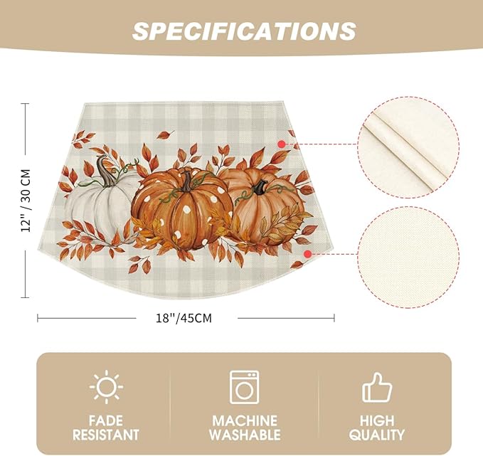 Artoid Mode Orange Buffalo Plaid Pumpkin Leaf Round Table Wedge Placemats Set of 4, Seasonal Fall Kitchen Dining Table Decoration for Indoor Party Home