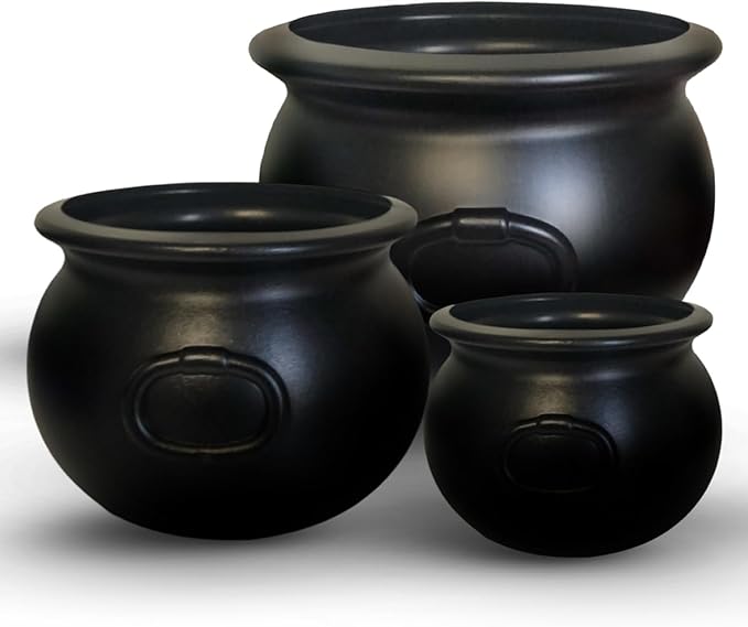 PMU 3pc- 12",8",6" Halloween Black Cauldron Pot, Halloween Plastic Witch Cauldron Kettle, Party Decorations,Indoor & Outdoor 12" 55120, 8" 55280-NHS, 6" 30106-NH