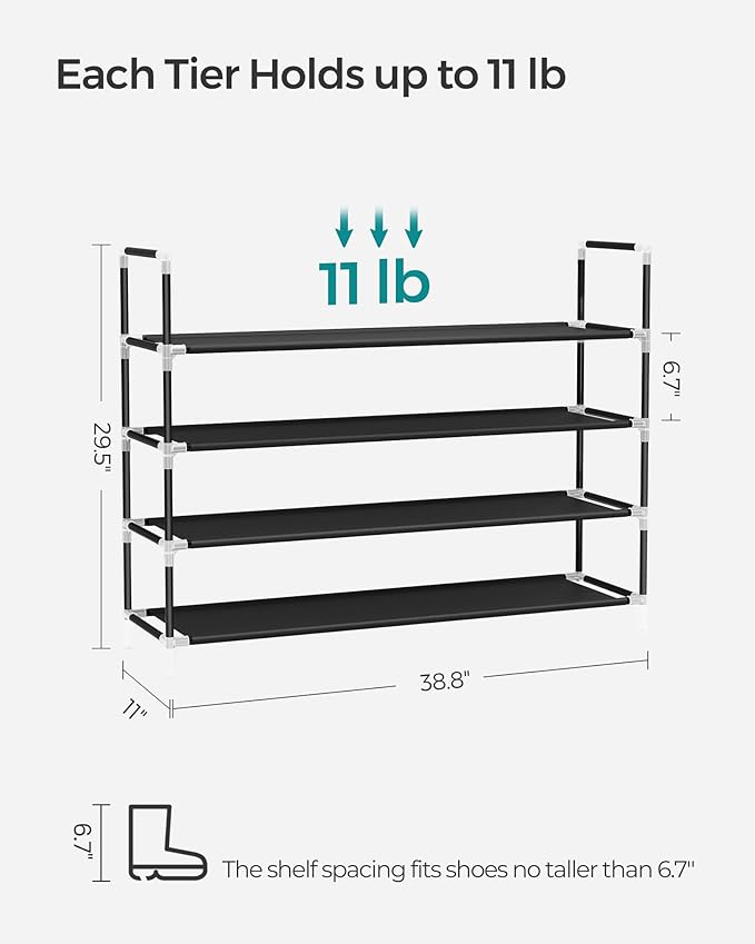 SONGMICS 4-Tier Shoe Rack, Shoe Storage for Hallway Closet, Slim and Space-Saving, Metal Frame, Non-Woven Fabric Shelves, Black ULSH054B01
