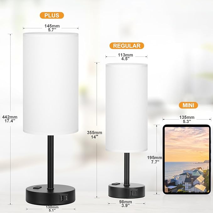 17.4inches Tall White Bedroom Lamps Set of 2-3 Way Dimmable Touch Table Lamps with USB C and A Ports, Lamps for Nightstand with AC Outlet, Desk Lamps with Black Base for Office