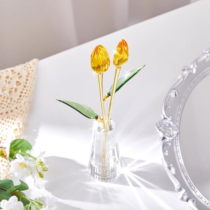 Crystal Tulip Figurine - Yellow Glass Flowers with Vase, Glass Flower Bouquet Collectible Office Home Decor Paperweight - Tulip Gifts for Women Mom Bestfriend Wedding Anniversary