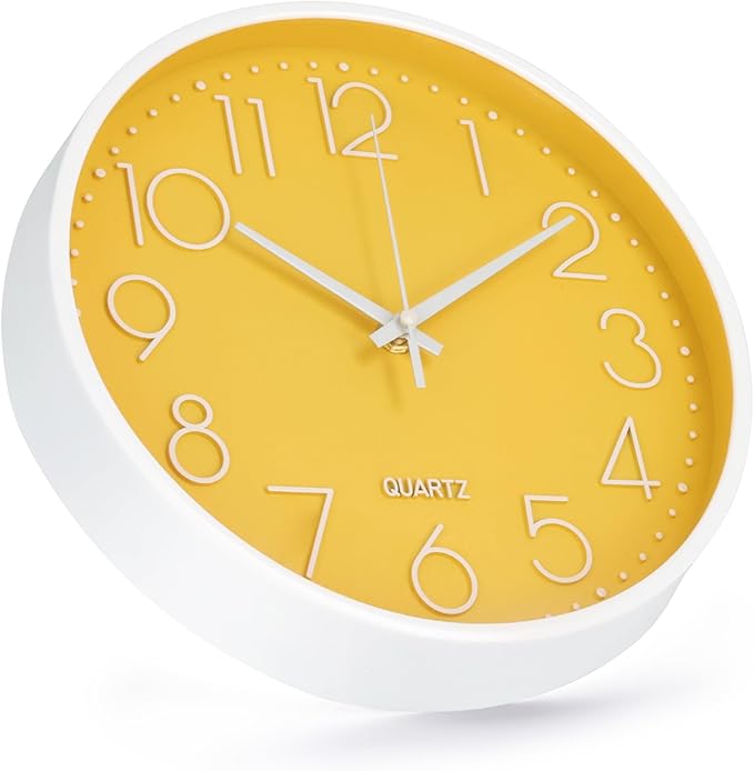 Wall Clock Non-Ticking Silent Modern Simple Style Round Decor Clock Stereoscopic Dial Quartz Wall Clocks for Home/Office/School/Living Room/Bedroom/Kitchen (Yellow, 8inch)