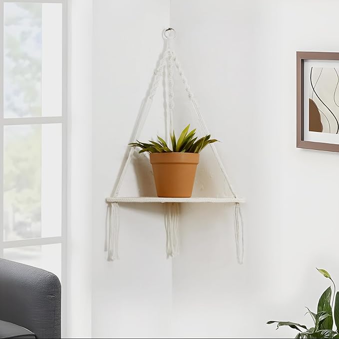 Artilady Macrame Corner Shelf Wall Hanging - White Corner Floating Shelves Boho Wall Decor, Rustic Wooden Plant Shelf Storage Rack for Bedroom Living Room Bathroom