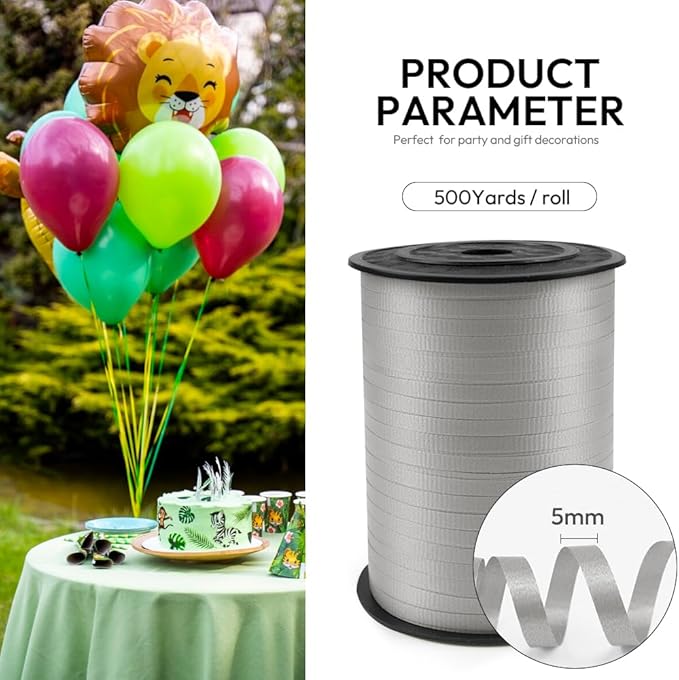 500 Yards Curling Ribbon with Spool, 1/5" Wide Crimped Texture Curling Ribbons - Perfect for Gift Box Wrapping, Florist Flowers, Birthday Party Decorations, Balloon String Ribbon in Silver