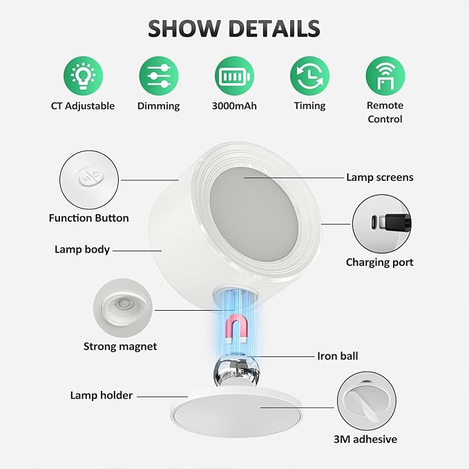 LED Wall Lights with Remote, 2 Pcs Rechargeable Wall Mounted Reading Sconces Lamp 3000mAh, 3 Colors & Dimmable Magnetic 360° Rotation Cordless Wall Lighting Spotlights for Bedroom Bedside Hallway