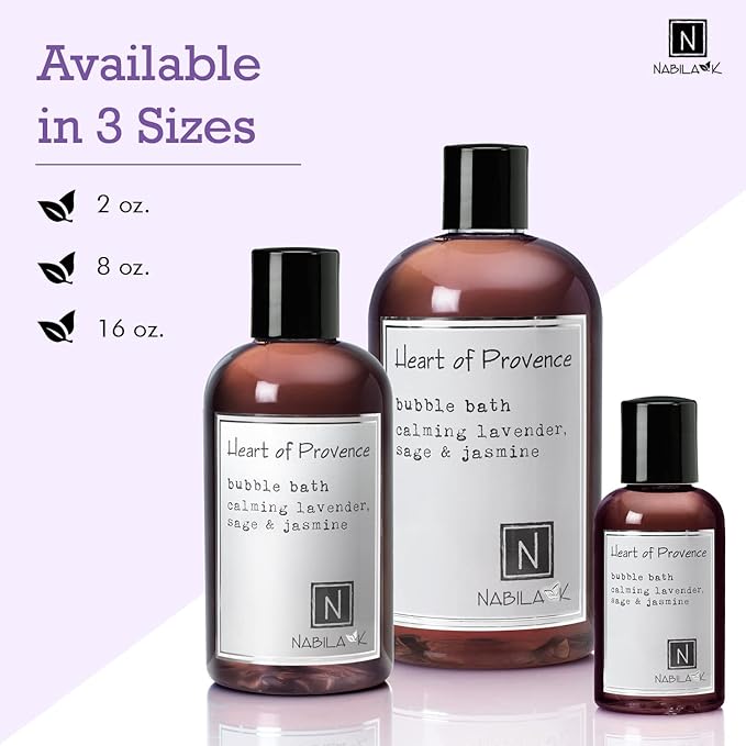 Heart of Provence Bubble Bath with Lavender, Sage & Jasmine Scent by Nabila K - Essential Oils, Natural Ingredients for Sensitive Skin, Gentle, Moisturizing - Luxury for Women & Men, 16 oz