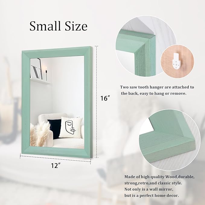 AAZZKANG Wood Framed Mirror Rectangle Modern Farmhouse Wall Mirrors Decor for Bedroom Living Room Bathroom Dressing Room Small Green