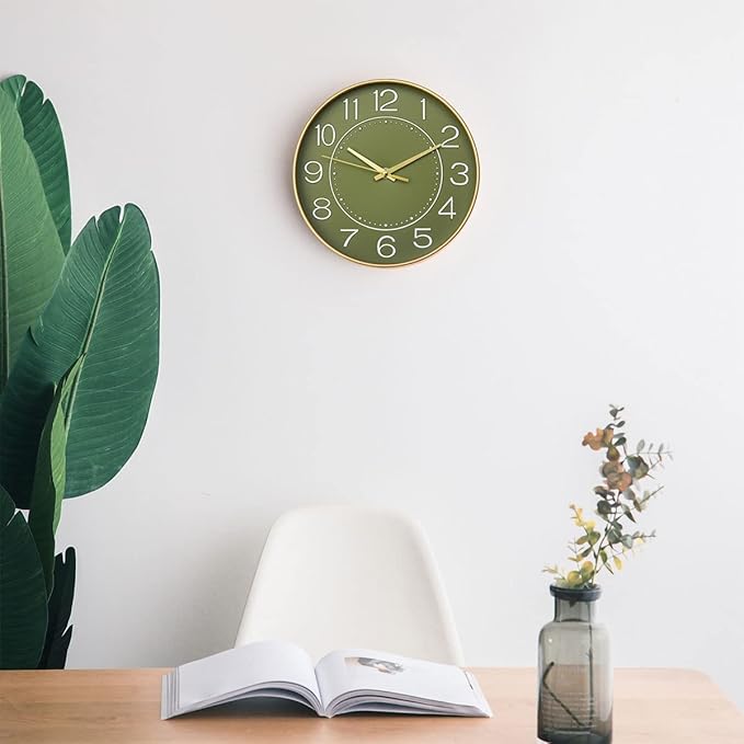 HZDHCLH Modern Wall Clocks Battery Operated,10 inch Olive Green Clock for Wall,Silent Small Wall Clock for Living Room Bedroom Kitchen Office Nursery Decor