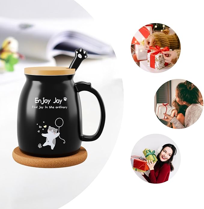 Ceramic Coffee Mugs Coffee Tea Mug Novelty Tea Cups for Cat Lovers Women Men Girl Friends Christmas Birthday Cat Mug with Lovely Stainless Steel Spoon, Wooden Lid, Thicken Wooden Coaster, 16oz