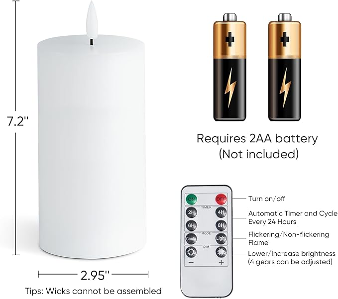 Homemory White 3x6 Inch Flameless Candles Battery Operated with Remote Timer, Real Wax LED Pillar Candle for Home Fireplace Bedroom Living Room Party, Set of 2