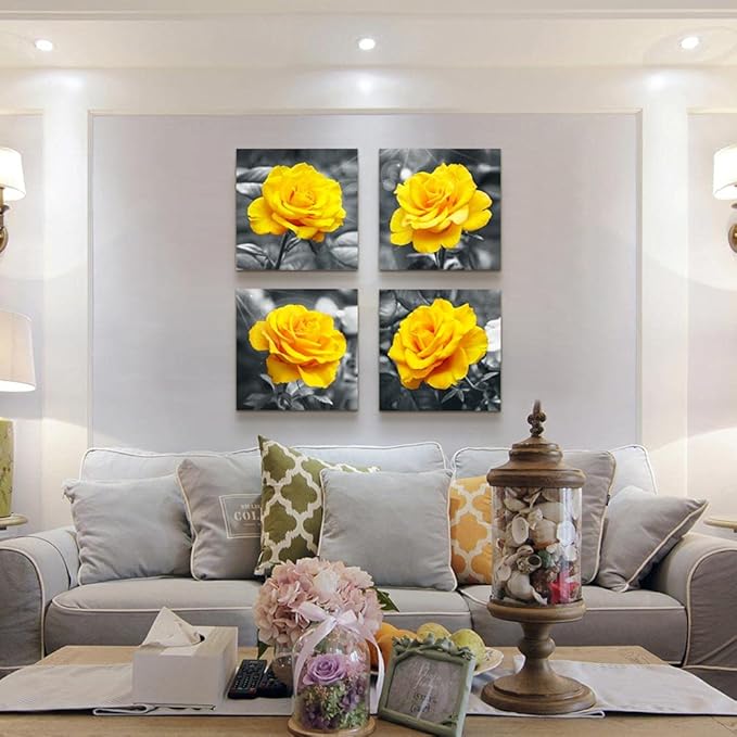 Canvas Wall Art For Living Room Family Wall Decor For Bedroom Modern Kitchen Wall Decorations Black And White Wall Pictures Artwork Yellow Rose Flowers Canvas Art Prints Large Size Home Decor 4 Piece