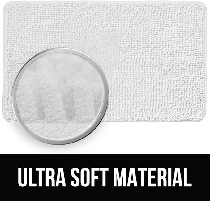 KANGAROO Bathroom Rugs, Chenille Soft Absorbent Bath Rug, Shaggy Shower Mat, Quick Dry Machine Wash Bathmat, Plush Carpet Mats for Tub, Bathtub and Room Home Decor Accessories, 24x17, White