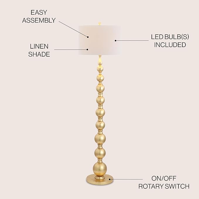Jonathan Y JYL5048A Adriana 62.5" Metal LED Floor Lamp, Contemporary, Modern, Transitional, Office, Living Room, Family Room, Dining Room, Bedroom, Guest Room, Hallway, Foyer, Gold