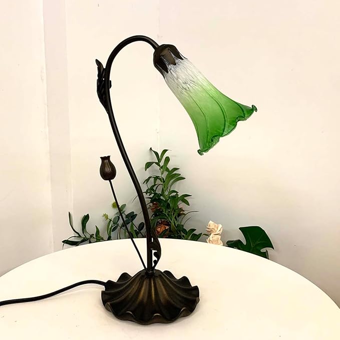 Bieye L10855 Lily Flower Blown Glass Accent Table Lamp for Living Room Bedroom Decoration (1-Light, Green)