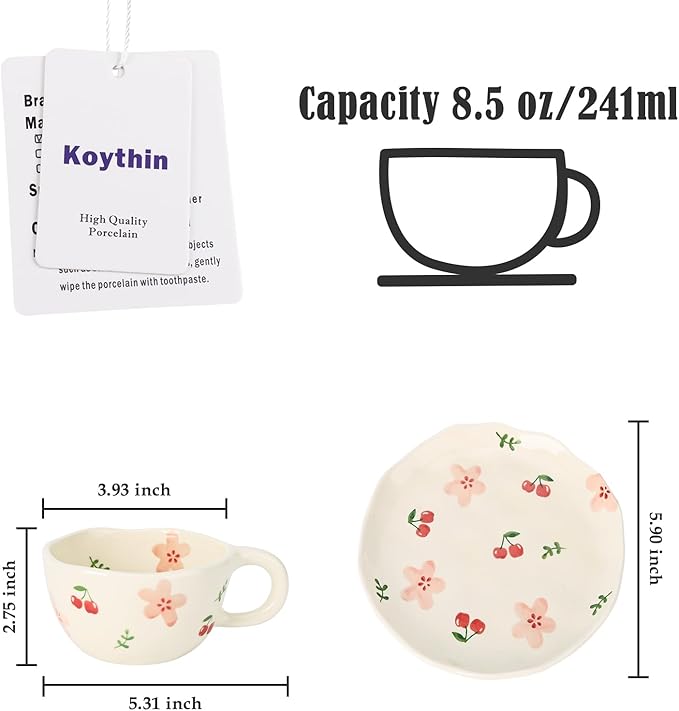 Koythin Ceramic Coffee Mug with Saucers, Handmade Flowers Mugs, Cute Cup for Girl Women, Aesthetic Tea Milk Cup with Handle, 8.5 oz/250 ml for Latte, Cocoa, Office, Home (Pink Cherry Flowers)