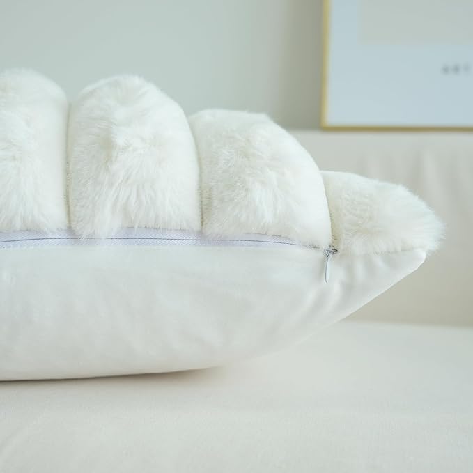 JOJUSIS Pack of 2 Faux Fur Plush Decorative Throw Pillow Covers Couch Cushion Case Soft Fluffy Pillowcases Wide Stripe (White, 22 x 22 Inch)