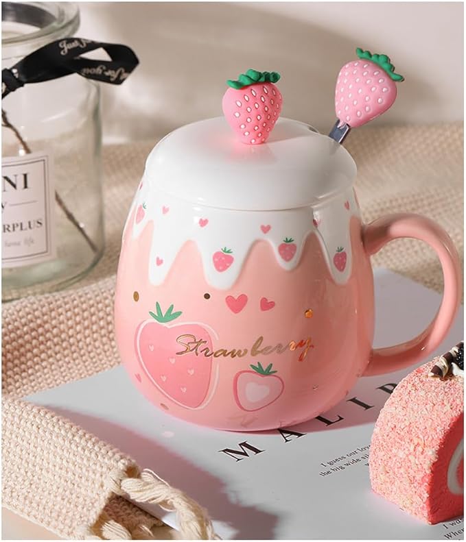 Pink Mug, Cute Strawberry Cup with Cover Spoon, Ceramic Cute Coffee Mugs with strainer, Kawaii Cup for Tea Milk, Gift for Women Girls Student Korean Style 450ML Christmas Birthday