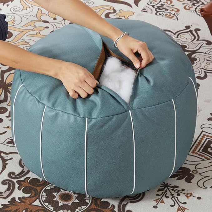 Louis Donné 21 Inch Unstuffed Moroccan Pouf Ottoman Cover, Handmade Faux Leather Foot Stool, Round Storage Poof Cover, Exotic Décor for Living Room Bedroom or Wedding Gifts (Blue)