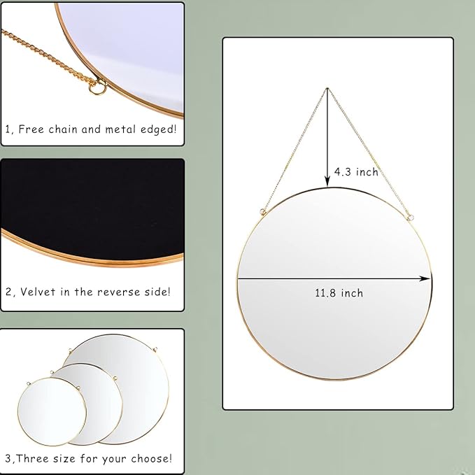 LONGWIN Hanging Wall Circle Mirror Decor Gold Geometric Mirror with Chain for Bathroom Bedroom Living Room 11.8"