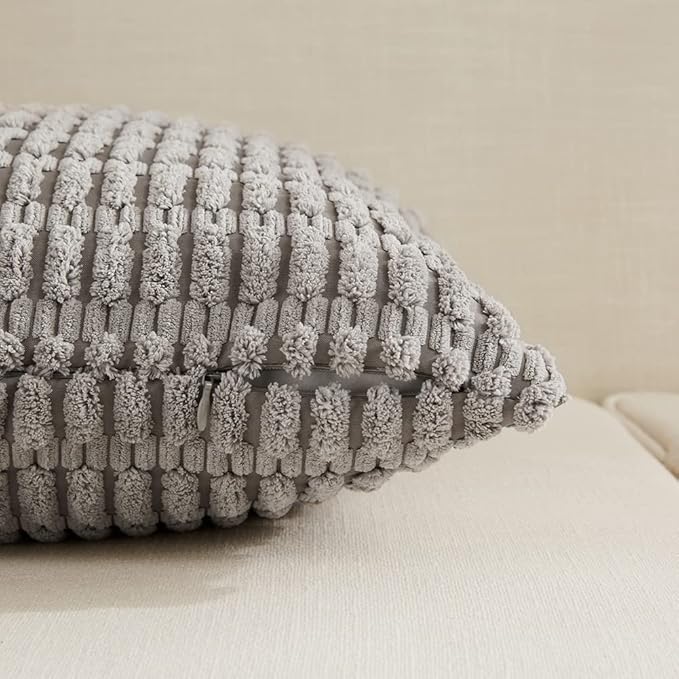 Fancy Homi 4 Packs Neutral Decorative Throw Pillow Covers 22x22 Inch for Living Room Couch Bed Sofa, Rustic Farmhouse Boho Home Decor, Soft Plush Striped Corduroy Square Cushion Case 55x55 cm