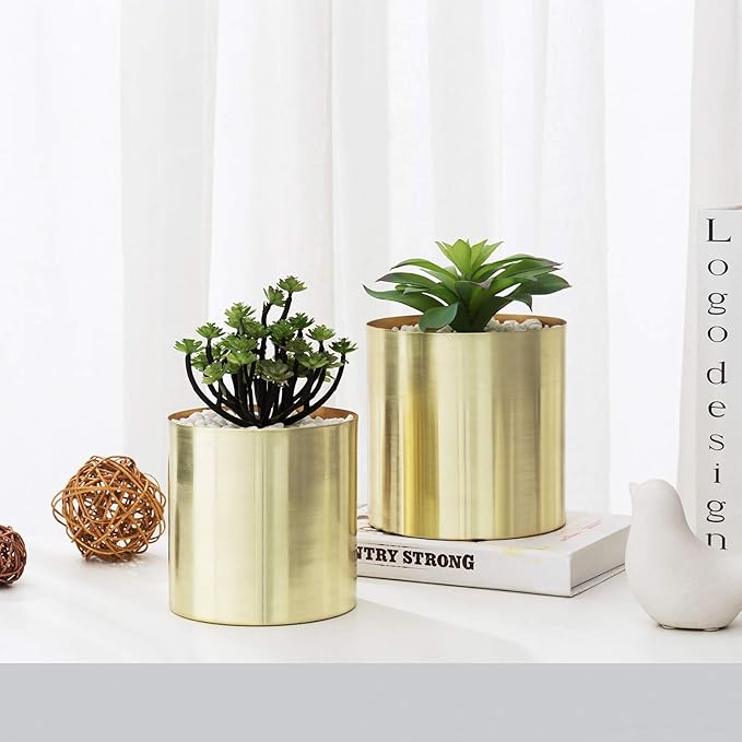 MyGift Modern Brushed Brass Plated Indoor Plant Pot, Cylindrical Metal Vase, 5 and 6 Inch, Set of 2 - Handcrafted in India