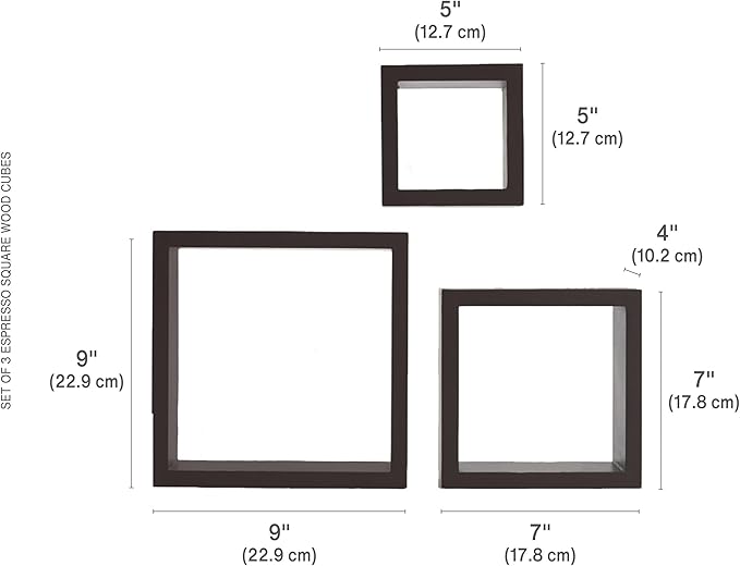 Melannco Floating Wall Square Cube Shelves for Bedroom, Living Room, Bathroom, Kitchen - Wood, Set of 3, Espresso