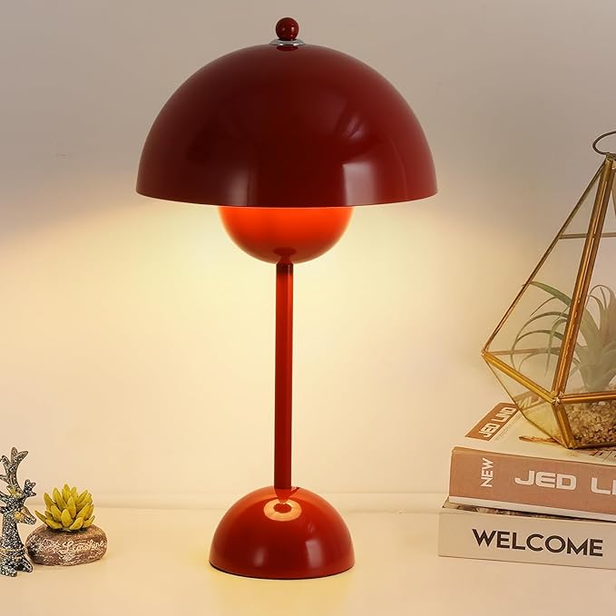 COSYLUX Modern Small Table Lamp for Bedroom, Cute Dome Shade Reflecting Light Reading Lamp for Living Room, Kid's Room, Study, Office, Beside Bedside Nightstand Desk Lamp(Red)