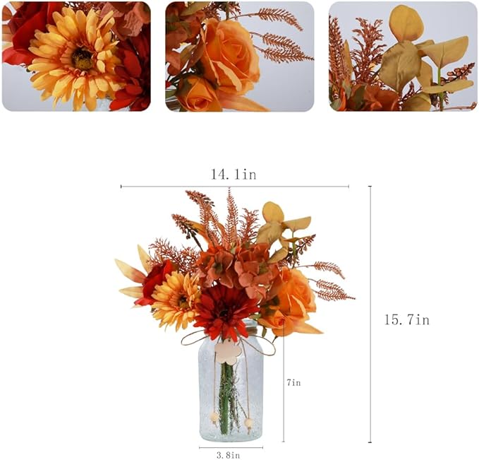 Silk Flowers with Vase, Artificial Flowers Arrangement with Glass Vase Faux Rose Daisy for Decoration Table Centerpiece (Daisy Orange)